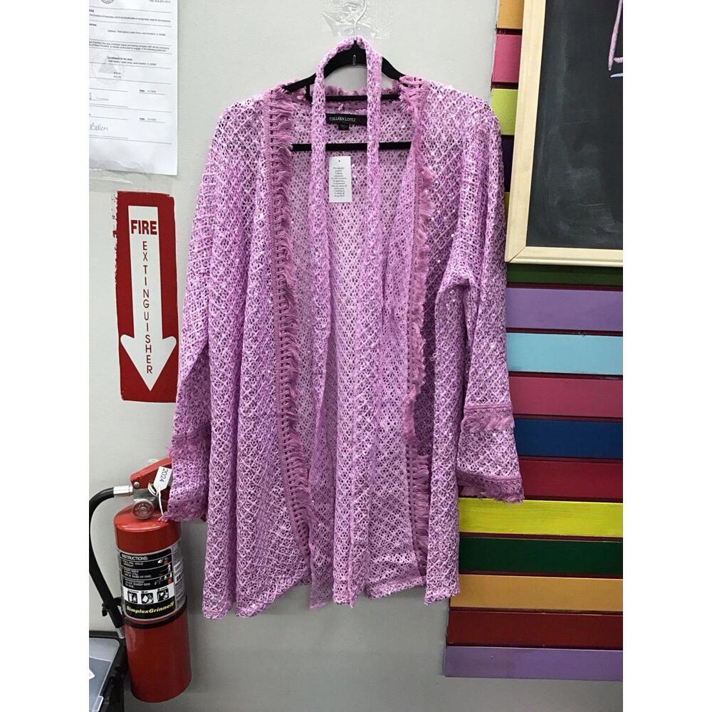 Colleen Lopez pink sequined knit fringe open front cardigan with tie XL  new